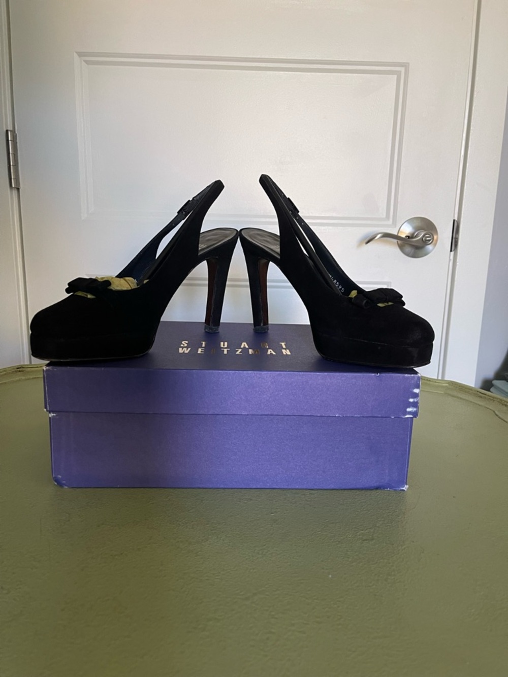 Vintage Stuart Weitzman Black Suede Platform Slingback Heels with Bow